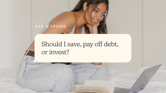 Text says, "Should you save, pay off debt or invest". On top of a blue background with images of a pencil and money.