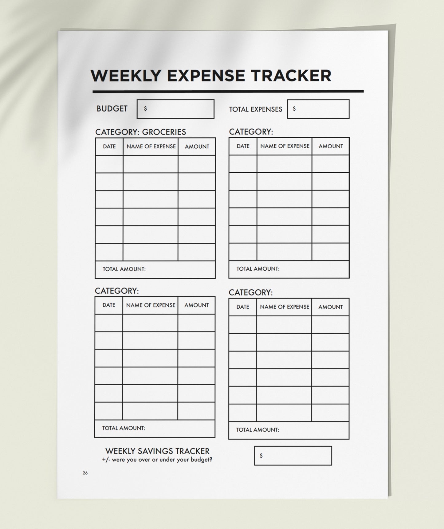 MSTRPLN printable planner showing the weekly expense tracker page on top of a neutral table. 