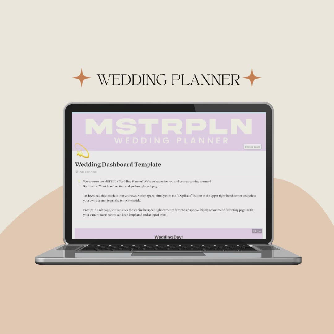 a video of the  MSTRPLN Notion Wedding Planner template shown on a computer screen.