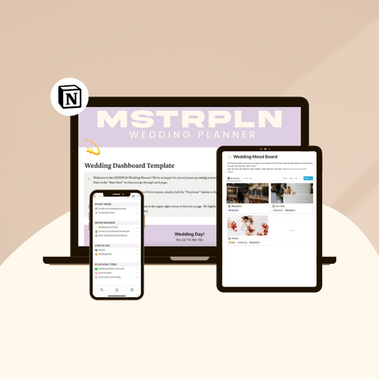 MSTRPLN Notion Wedding Planner template shown on a laptop, iphone and tablet.