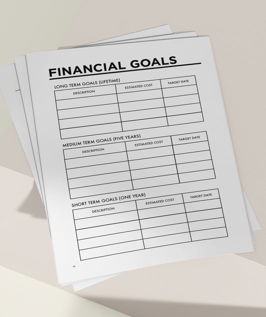 MSTRPLN printable planner showing the financial goals page on top of a neutral table. 