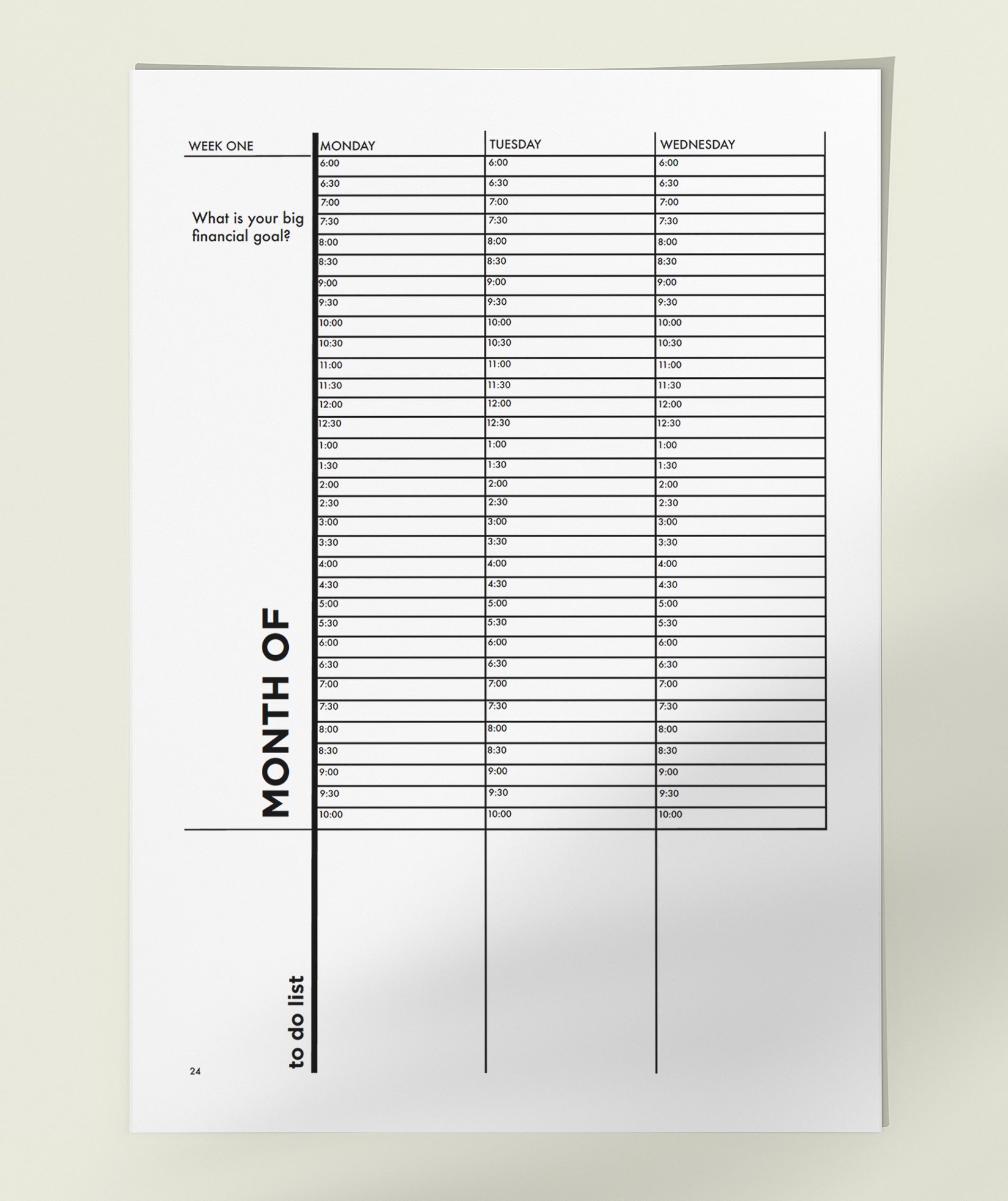 MSTRPLN printable planner showing the Undated weekly schedule page on top of a neutral table. 